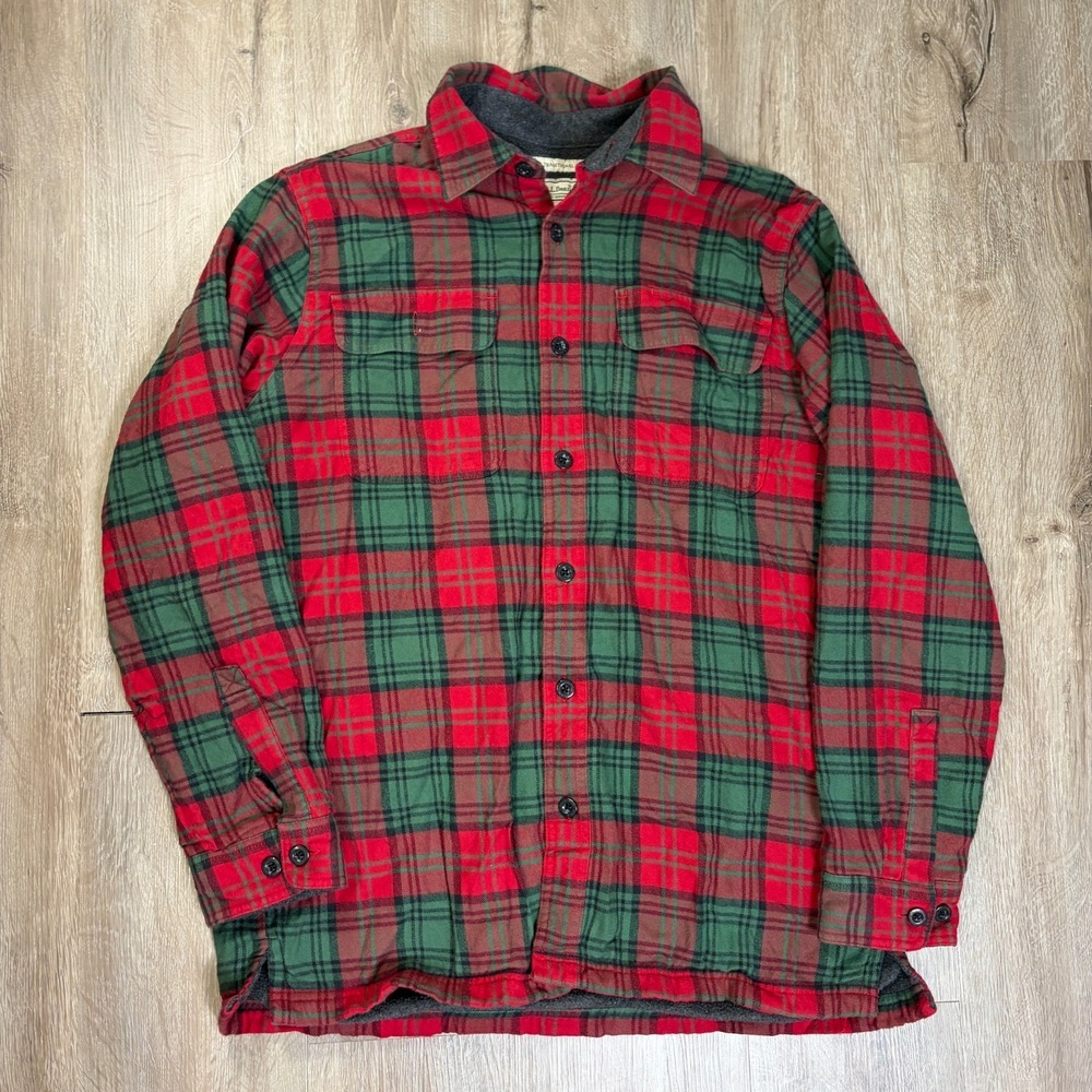 LL Bean Fleece Lined Flannel Shirt Jacket Plaid Medium Regular Red Gray Button